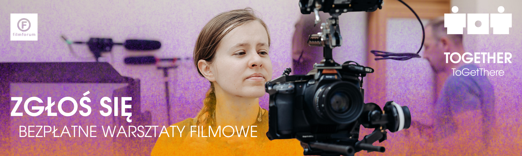 Grafika przedstawia zdjęcie nastoletniej dziewczyny trzymającej kamerę i napis ZGŁOŚ SIĘ - BEZPŁATNE WARSZTATY FILMOWE 