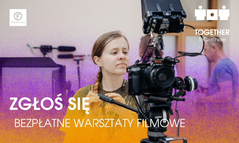Grafika przedstawia zdjęcie dziewczyny, która trzyma kamerę i napisy ZGŁOŚ SIĘ - BEZPŁATNE WARSZTATY FILMOWE
