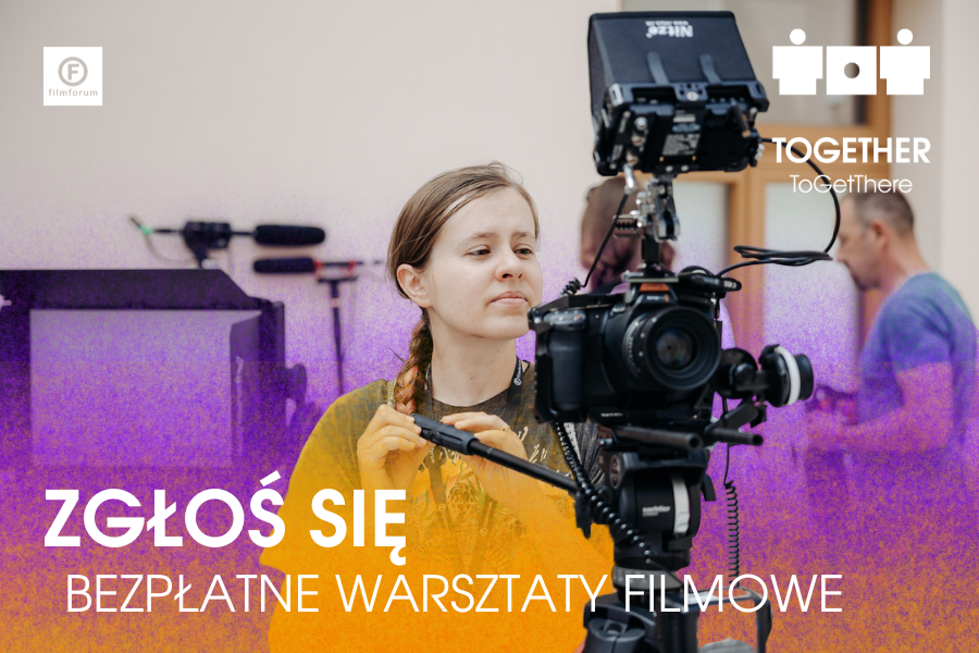 Na zdjęciu znajduje się dziewczyna trzymająca kamerę. Na zdjęciu jest napis ZGŁOŚ SIĘ - BEZPŁATNE WARSZTATY FILMOWE