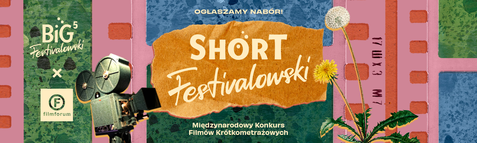 Kolaż z kolorową taśmą filmową. Na środku napis „Ogłaszamy nabór! SHORT Festivalowski - Międzynarodowy Konkurs Filmów Krótkometrażowych". Po lewej logotypy BiG Festivalowski i FILMFORUM oraz kamera filmowa, po prawej mlecz.