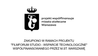 Czarna naklejka z logo m.st. Warszawy i informacją o współfinansowaniu projektu „FILMFORUM Studio – wsparcie technologiczne”.