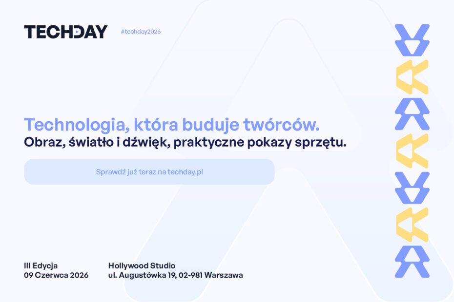 Baner promujący wydarzenie BEIKS TECHDAY 2026. Na jasnym tle widoczne jest logo TECHDAY oraz hasło „Technologia, która buduje twórców. Obraz, światło i dźwięk, praktyczne pokazy sprzętu.” Poniżej znajduje się przycisk z napisem „Sprawdź już teraz na techday.pl”. Na dole grafiki widnieje data wydarzenia – 9 czerwca 2026 – oraz lokalizacja: Hollywood Studio, ul. Augustówka 19 w Warszawie. Po prawej stronie umieszczono dekoracyjne geometryczne symbole w kolorach niebieskim i żółtym.