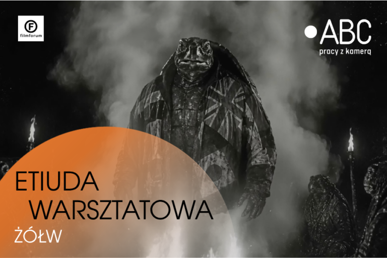 Grafika promująca etiudę warsztatową „Żółw” – stylizowana postać żółwia wśród dymu, z logotypami FILMFORUM i programu „ABC pracy z kamerą”.