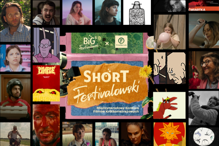 Grafika SHORT Festivalowski – kolaż kadrów z filmów krótkometrażowych zakwalifikowanych do konkursu w Płocku.