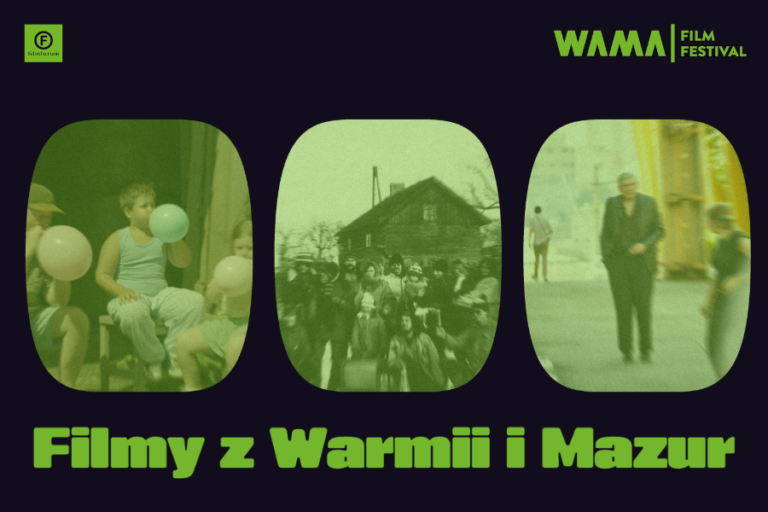 Kadry z filmów "Balony", "Mistrzostwa świata w rzucie młotkiem do telewizora" oraz "Paszport do Polski. Napis "Filmy z Warmii i Mazur".